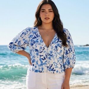 American Eagle Floral Babydoll Crop Top Womens Large Linen Cottagecore Festival